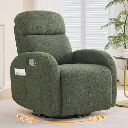 AEMEIOS Nursery Glider Recliner, Boucle Nursery Rocking Chair Recliner, Manual Nursery Glider Recliner with Double Pockets and Lumbar Support for Adult, Teddy Green