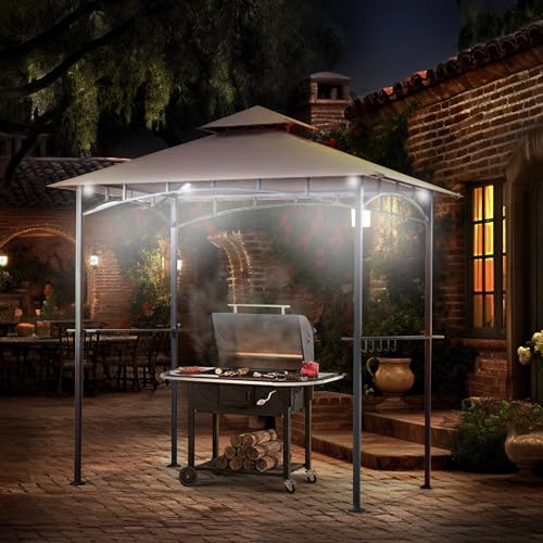Four Seasons Courtyard BBQ Grill Gazebo with LED Lights, 2 Glass Shelves, and Powder Coated Steel Frame for Backyard Lawn and Outdoor Use, Brown Four Seasons Courtyard