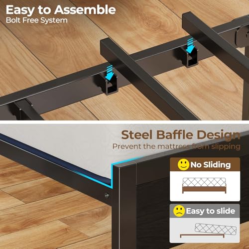 Rolanstar Queen Bed Frame with LED Lights, Upholstered Headboard, Charging Station, Storage Shelves, Heavy Duty Metal Slats, No Box Spring Needed, Noise Free, Easy Assembly, Dark Grey Rolanstar