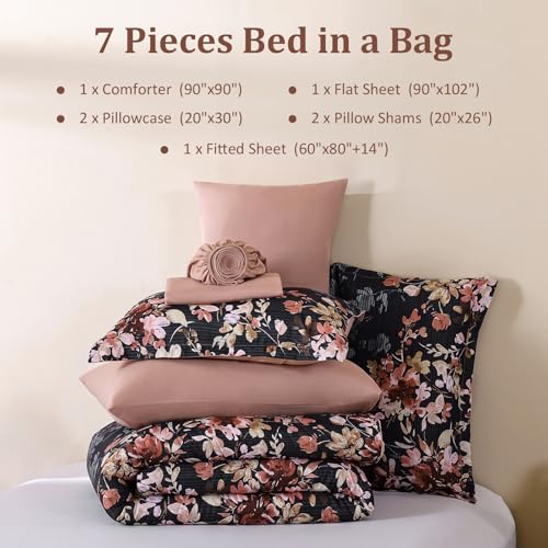 Dobuyly Black Comforter Queen Size Set, 7 Piece Floral Bedding Comforter Set, Black and Pink Bed in a Bag Botanical Flower Pattern with Sheets, Pillowcases & Shams All Season Dobuyly