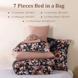 Dobuyly Black Comforter Queen Size Set, 7 Piece Floral Bedding Comforter Set, Black and Pink Bed in a Bag Botanical Flower Pattern with Sheets, Pillowcases & Shams All Season Dobuyly