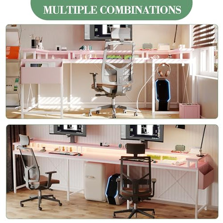 LALFPET U-Shaped Desk with Power Outlets & LED Lights - 79" Reversible Corner Computer Desk with Monitor Stand and Storage Shelf for Home Office, Gaming, and Two-Person Use, Pink LALFPET
