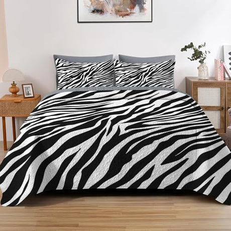 Pamnest Quilt Set King Size, Zebra Stripe Animal 3 Pcs Soft Bed Cover Bedding Set for Kids and Adults, Black White Lightweight Bedspread Coverlet with Pillow Sham for All Season Pamnest