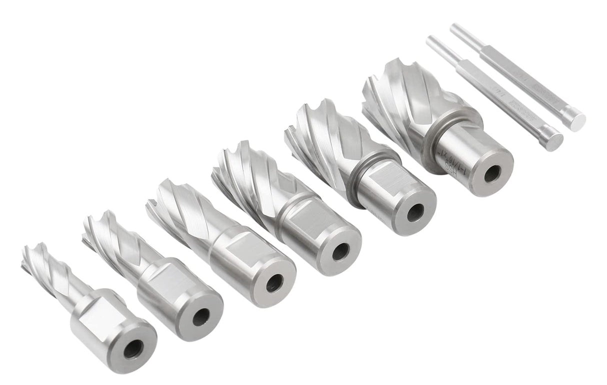 Accusize Industrial Tools Hss Professional Annular Cutter Set 1'' Cutting Depth, 7/16'' to 1-1/16'' with 3/4'' Weldon Shank, 8 Pc Set, HSS1-0000 Accusize Industrial Tools