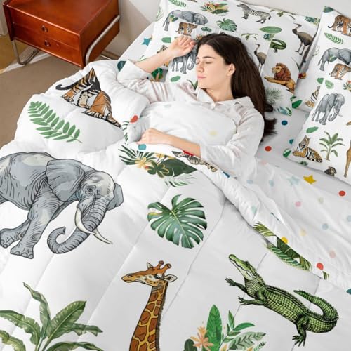 Erosebridal Wild Animal Kids Bed in A Bag Twin 7 Piece Cartoon Elephant Giraffe Comforter Set Safari Animals Bedding Sets for Kids Crocodile Tiger Zebra Palm Tree Tropical Sheet Set with Comforter Erosebridal
