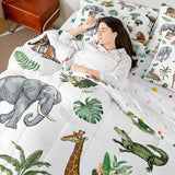 Erosebridal Wild Animal Kids Bed in A Bag Twin 7 Piece Cartoon Elephant Giraffe Comforter Set Safari Animals Bedding Sets for Kids Crocodile Tiger Zebra Palm Tree Tropical Sheet Set with Comforter Erosebridal