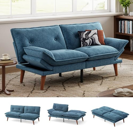 LINSY HOME Futon Sofa Bed, 70" Chenille Futon Couch with Adjustable Backrest Armrest, 3 in 1 Convertible Comfy Loveseat Sleeper Sofa Bed for Small Spaces Dorm Room Apartment Home Office, Blue LINSY HOME