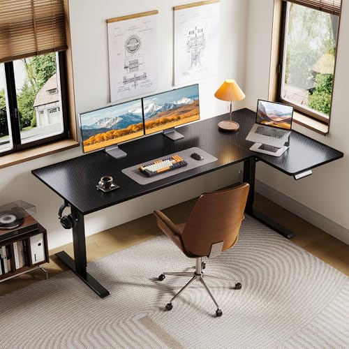 OffiGo Electric L Shaped Standing Desk, 63 Inches Height Adjustable Table, Reversiable Corner Stand Up Desk, Lifting Computer Table for Home Office, Computer Workstation, Carbon Fiber Black OffiGo