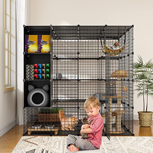 YITAHOME Large Cat Cage with Storage Cube DIY Indoor Catio Cat Enclosures Metal Cat Playpen with Large Hammock for 1-4 Cats 4 Tiers Cat Kennel YITAHOME