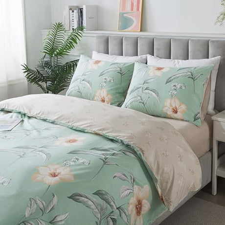 FADFAY Yellow Floral Duvet Cover Sets Twin Size 100% Cotton Magnolia Vintage Flower Patterned Comforter Cover Country Bedding for All Season Soft Crisp Reversible Bed Cover with Zipper 3Pcs FADFAY