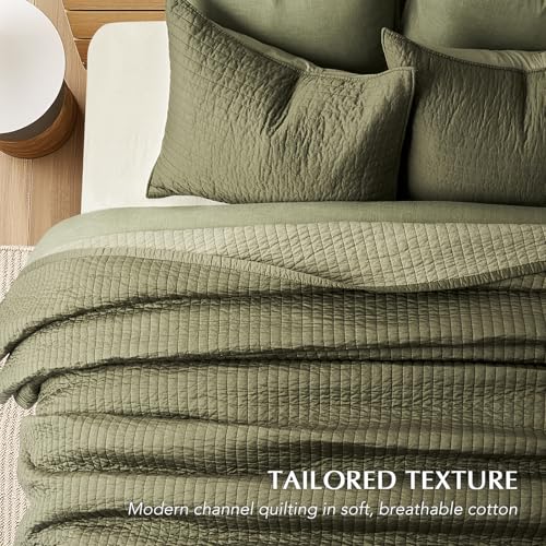 EVERGRACEHOME Cotton Sateen Quilt Set King Size, Pre-Washed Cotton Channel Stitch Coverlet Bedspread, 3 Pieces Lightweight Soft Bedding Sets for All Season, with 2 Pillow Shams, Olive Green EVERGRACEHOME
