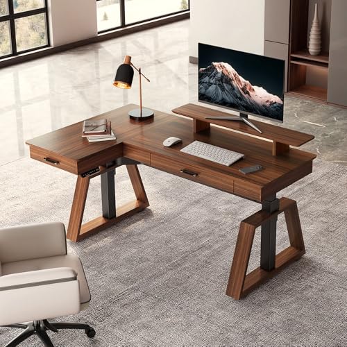EUREKA ERGONOMIC L Shaped Desk 63", Solid Walnut Wood Top, Executive Standing Desk Adjustable Height, Dual Motor Corner Workstation with Drawers & Monitor Shelf for Home Office, Left EUREKA ERGONOMIC