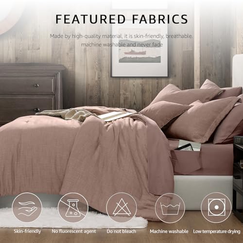 Geniospin King Size Comforter Set- 7 Piece Misty Rose Textured King Bedding Set, Soft Solid Bed in a Bag for All Season, King Comforter Set with Sheets(Misty Rose,102''x90'') Geniospin