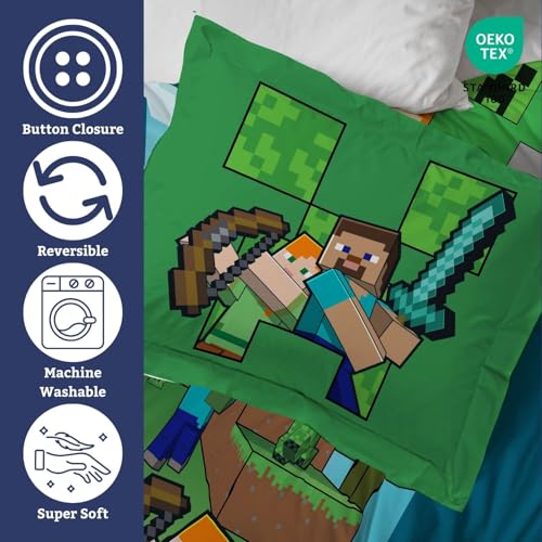 Jay Franco Kids Duvet Cover Set – 3 Piece Super Soft Bedding with Sham Pillowcase, Cover ONLY Comforter Not Included, Blue - Minecraft, Full Jay Franco