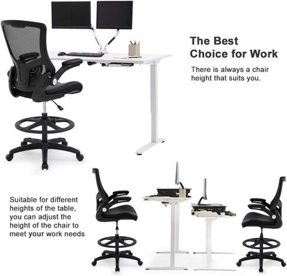 Drafting Chair Ergonomic Tall Office Chair Standing Desk Chair with Flip Up Arms Foot Rest Back Support Adjustable Height Mesh Drafting Stool, Black - WoodArtSupply