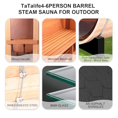 TaTalife Outdoor Barrel Steam Sauna, 3-4 Person Canadian Red ceda Wood Sauna Room, 4.5KW TOULE Electric Heater with Sauna Stone, Accessories and Asphalt Shingle Roof TaTalife