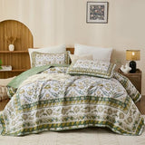 DJY Floral Quilt Set King Size, Green Brown Flower Pattern Quilts King Bedspread Coverlet Set with 2 Pillowcases, Soft Lightweight Microfiber Bedding for All Season (90"x110") DJY
