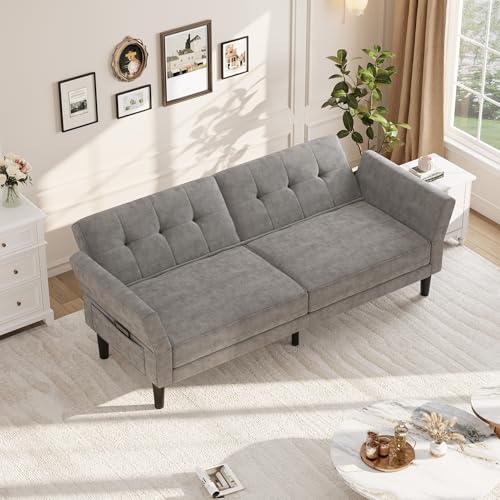 IDEALHOUSE 89" Futon Sofa Bed, Modern Chenille Sleeper Couch with Adjustable Backrest & Armrest, Convertible Futon Couch for Living Room Bedroom Apartments, Silver Gray IDEALHOUSE