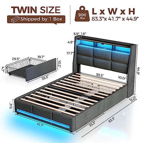 Rolanstar Twin Size Bed Frame with LED Lights and Charging Station, Upholstered Bed Storage Headboard & Drawers, Heavy Duty Wood Slats, Easy Assembly Rolanstar