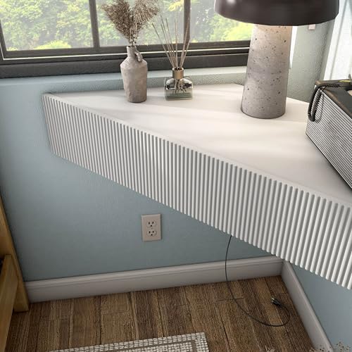 24/7 Shop at Home French 47 inch Modern Floating TV Console Table with 3D Wavy Panel Door, Wood Entertainment Center with Storage Space, Wall Corner Shelf for Living Room, Bedroom, Office, White Pure 24/7 Shop at Home