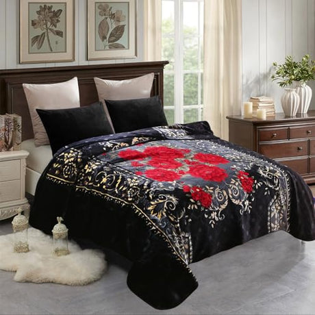 JML Soft Fleece Blanket King Size, Heavy Korean Blanket, 85x95 Inches- 9 Lbs, Single Ply, Fluffy Thick Warm Breathable Home Decor, Cozy Fuzzy Winter Bedding, Floral Embossing Pattern, Flower JML