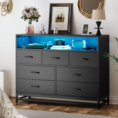 Black Dresser for Bedroom, Wooden Modern 7 Drawers Long Dresser with Charging Station and Led Lights Design, Large Capacity Storage Chest of Drawers, Wide Dresser for Living Room, Hallway