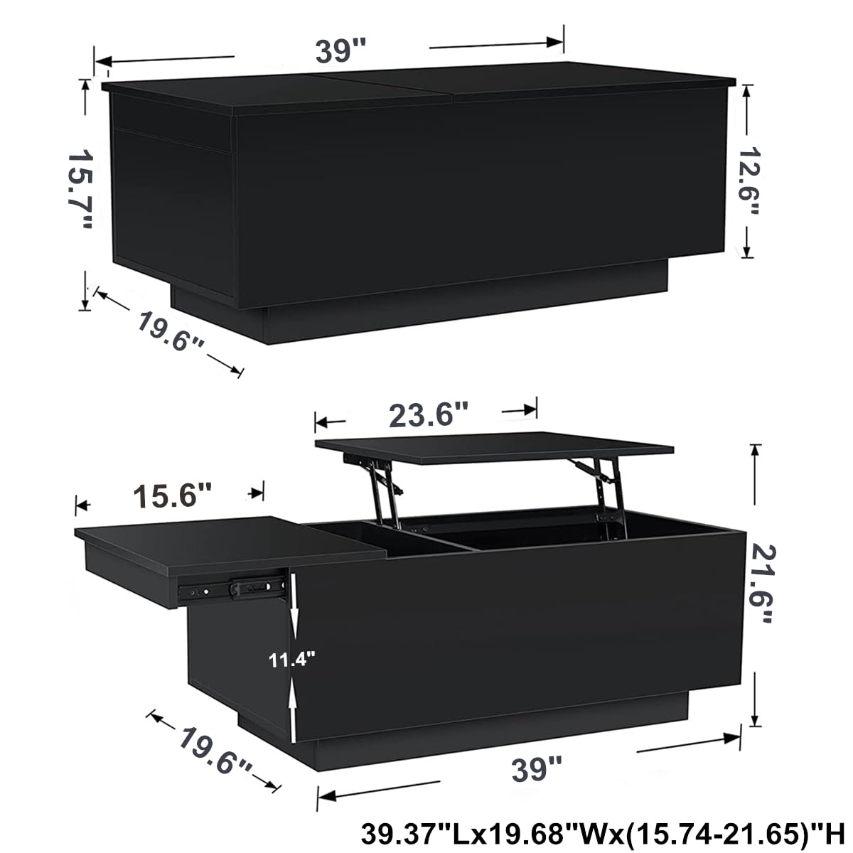 HOMMPA Lift Top LED Coffee Table, Black - WoodArtSupply