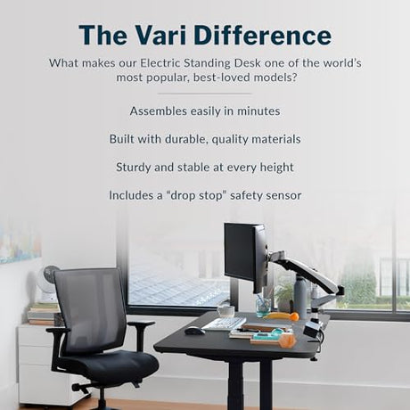 Vari Classic Electric Standing Desk - VariDesk Height Adjustable Sit/Stand Desk - Dual Motor with Memory Presets, Stable T-Style Legs - Gaming or Home Office Workstation - 60”x30”, Black/Black Vari