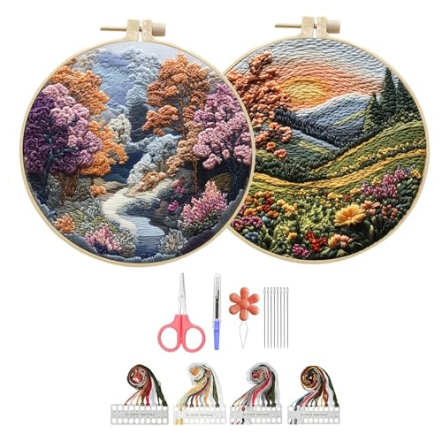 Hzkokon 2 Pack Embroidery Kit for Beginners Adults Cross Stitch Kits Hand Embroidery Kit Includes Stamped Flower Pattern, Hoop, Color Threads,Tools & Follow Instruction