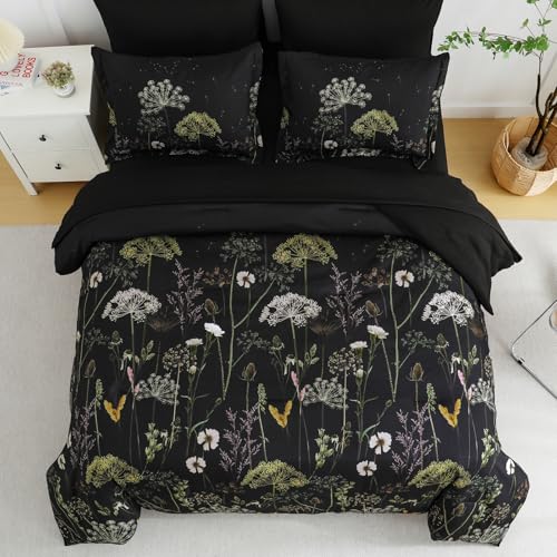 Yiran King Size Comforter Set, 7 Piece Comforter Floral Black Green Bedding Set, Soft Bed in a Bag King, Comforter, Sheets, Pillowcases & Shams Yiran