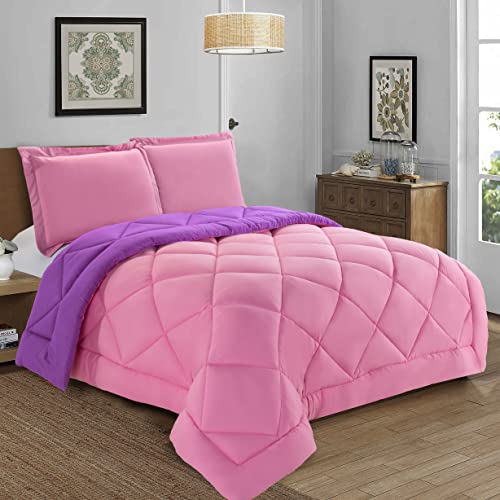 Elegant Comfort Reversible 3-Piece Comforter Set All Season, Ultra Soft, Down Alternative Comforter, Twin, Pink/Purple Elegant Comfort