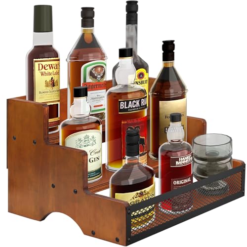 3 Step Liquor Bar Bottle Display Shelf, Coffee Syrup Rack Organizer Syrup Bottle Holder Stand for Coffee, 12 Bottles Storage Shelves for Syrup, Wine, Dressing for Kitchen Coffee (Brown Tawny Color)