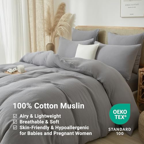 YASMENG 100% Cotton Muslin Duvet Cover Set King Size Grey, Ultra Soft Breathable Absorbent Gauze Bedding Duvet Cover, Luxurious Minimalist Natural Wrinkle Linen Textured Comforter Cover 104" x 90" YASMENG
