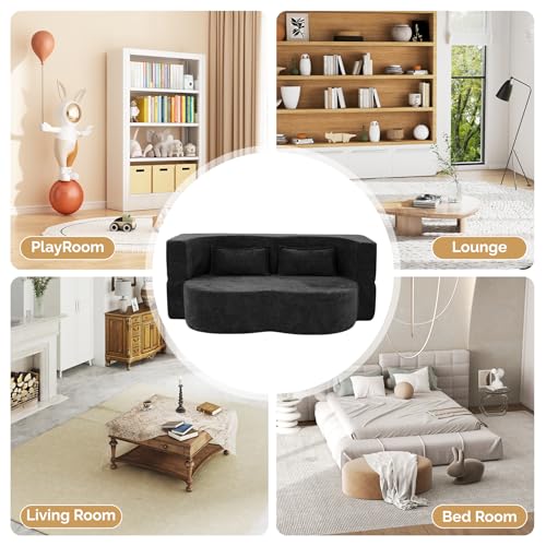 78" Convertible Sofa Bed with Pillows Queen Sleeper Sofa,Foam Folding Mattress Sleeper Modern Teddy Fabric Floor Cushion and Futon Chaise Lounge Sofa,For Apartments,Guest Rooms,Guest Use,Condo,Black Luxanimarion