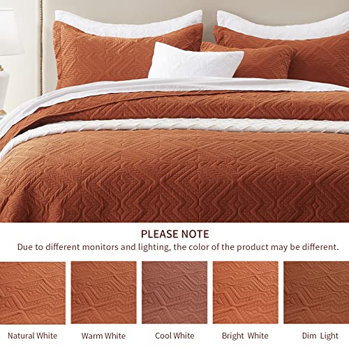 LEAONME Full/Queen Quilt Set 3 Pieces, Lightweight Burnt Orange/Rust Bedspread-90''x98'', Soft Microfiber Summer Quilt, Luxurious Warm Coverlet Set for All Seasons (Includes 1 Quilt, 2 Shams) LEAONME
