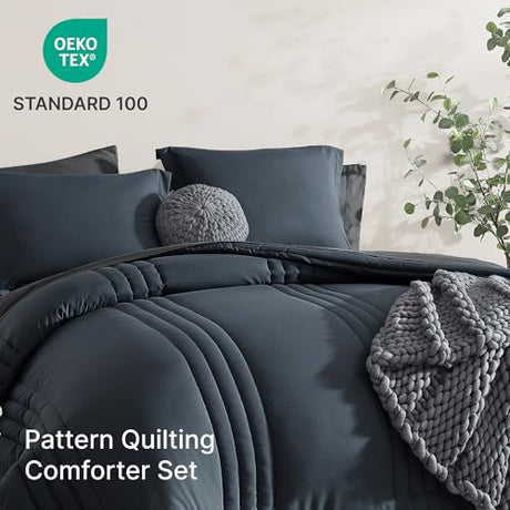 Monbix Queen Comforter Set - 7 Pieces Blue Gray Bed in a Bag Queen Bedding Sets with Comforters, All Seasons Comforter Bed Set with Sheets,Pillowcases & Shams Monbix