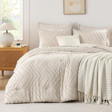 Andency Twin/Twin XL Comforter Set Beige, Twin Bed Comforter for College Dorm Girls Boys Kids Boho Cream Soft Warm Cute Neutral Comforter, 2 Pieces Aesthetic Chevron Bohemian Bedding Set Andency