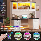 DWVO Executive Desk with Hutch and Power Outlets, Computer Desk with Drawers & LED Lights, Farmhouse Home Office Desks with Storage Shelves, White & Black DWVO