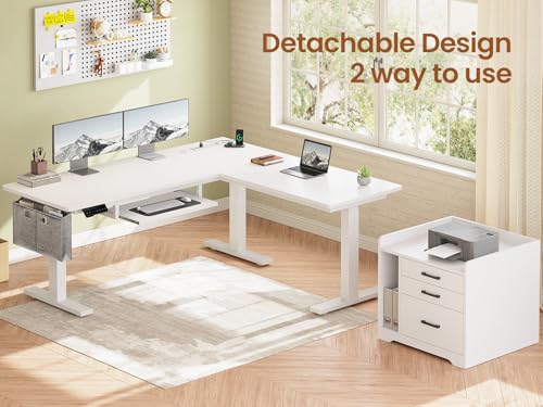 SEDETA L Shaped Electric Standing Desk with File Cabinet, 63 x 53'' Height Adjustable Home Office Computer Desk with Drawers, Power Outlet, Stand up Gaming Table with Led Lights, Keyboard Tray, White SEDETA