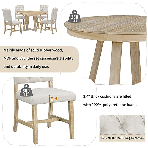 Ball & Cast 5 Piece Dining Table Set with 4 Upholstered Chairs,Living Room Furniture W/ 42" Table,Tabletop Can be Adjusted from Round to Oval in Shape,for Restaurant,Home Bistro,Natural Ball & Cast