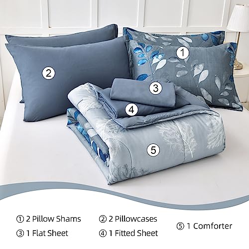 Anibedding Blue Comforter Set Queen Size 7 Piece Navy Botanical Gradient Leaves Ultra Soft Microfiber Down Alternative Bedding Set Lightweight Reversible Bed Comforter Set for All Season 90" x 90" Anibedding