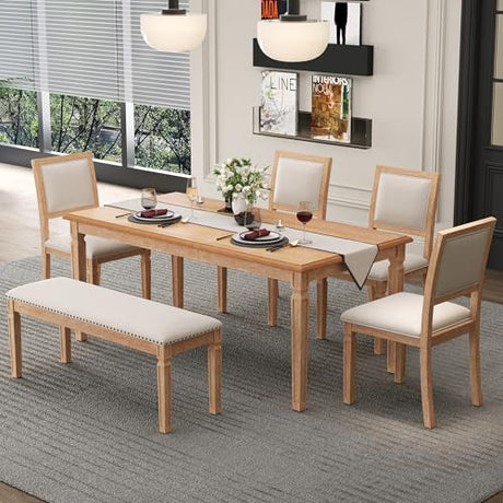 Hlcodca 6-Piece Extendable Dining Table Set with 4 Chairs & Bench, 59 to 72-Inch Rustic Farmhouse Kitchen Table Set with Distressed Finish and Retro Carved Legs (Beige+Natural Wood Wash) Hlcodca