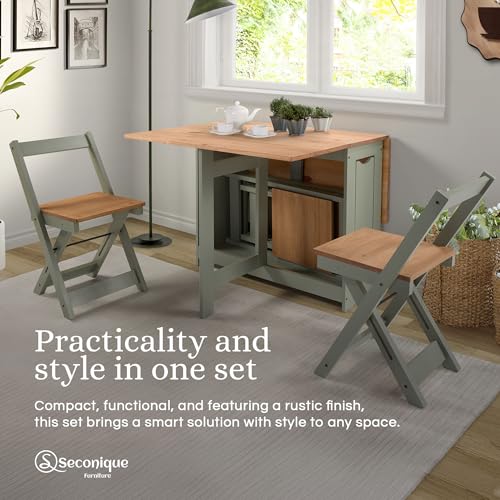 SECONIQUE Santos Butterfly Dining Set – 4 Assembled Foldable Chairs + 1 Folding Table – Space-Saving Table with Nesting Chairs - Compact and Easy to Assemble - Green & Rustic Pine Wood SECONIQUE