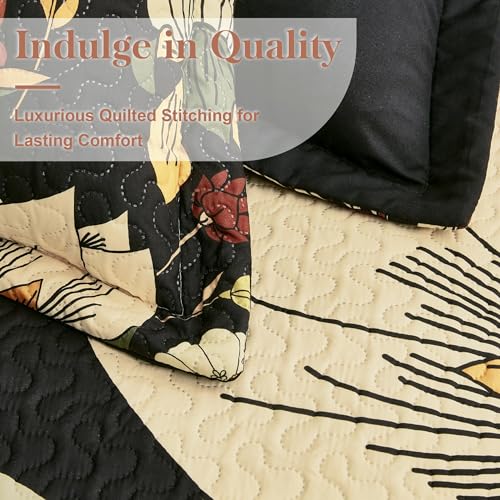 Tyrot 3 Piece Black Boho Floral King Size Quilt Sets Reversible Farmhouse Botanical Lightweight Bedspread Coverlet with 2 Shams Mid Century Microfiber Bedding Quilts Set for All Season,106''x96'' Tyrot
