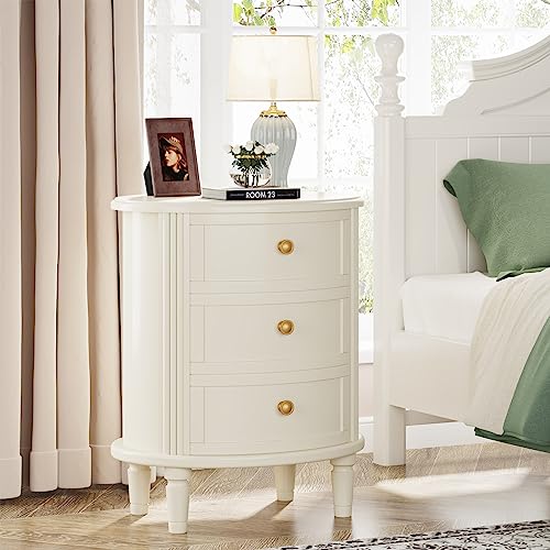LITTLE TREE No Assembly Nightstand with 3 Drawers, Farmhouse Off-White Bedside Table for Bedroom, All Wooden Oval Nightstand with Storage LITTLE TREE