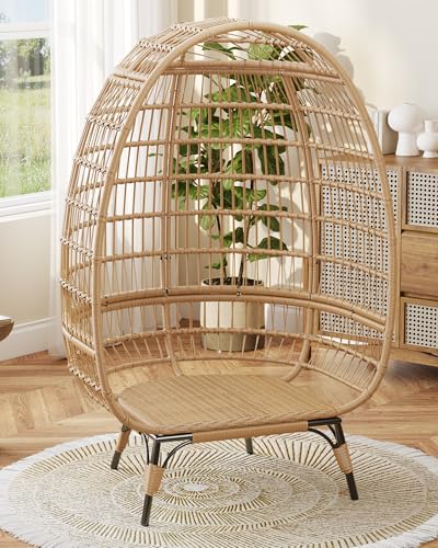 GarveeLife Oversize Wicker Egg Chair with Plush Cushion, Rattan Egg Basket Lounge Chair Winter Egg-Shaped Chair w/Steel Frame and 4 Cushions for Patio, Porch, Beige GarveeLife