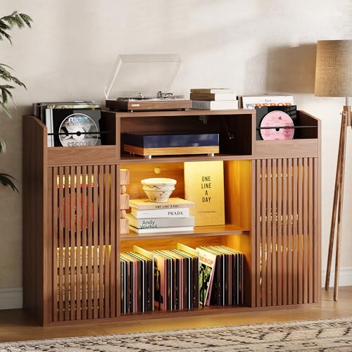 IRONCK Luxury Record Player Stand with Storage, Holds 1500+ Vinyl Records, Large Record Storage Cabinet with Sliding Doors & Charging Station & LED Light, Brown IRONCK