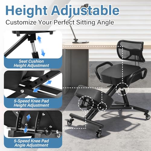 Ergonomic Kneeling Chair Height-Adjustable 32.2-36.2 in Postures Chairs with Lockable Wheels and Armrests Knee Chairs can Hold Up to 220 Lbs Kneeling Ergonomic Chair for Desk Home Meditation,Black Generic
