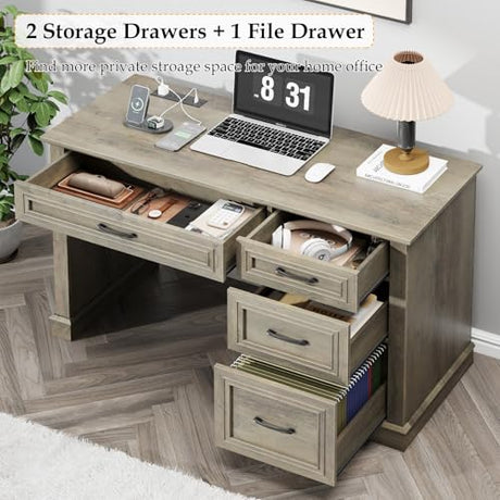 Befrases Farmhouse 47" Executive Desk, Computer Desk with Drawers and File Drawer, Workstation Computer Desk with Charging Station for Home Office,Study（Wash Grey） Befrases