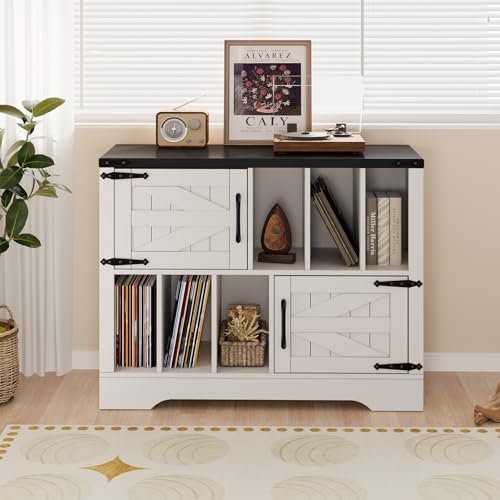 Garvee Record Player Stand, 39in Large Farmhouse Wood Vinyl Storage Cabinet Holds Up to 450 Albums with Barn Doors, Mid Century Modern Record Player Table for Living Room Bedroom, White Garvee